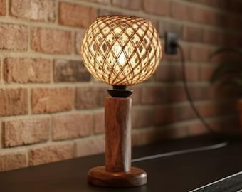 Lampe de chevet en bois rustique faite main, abat-jour globe en jute, rameau d'olivier