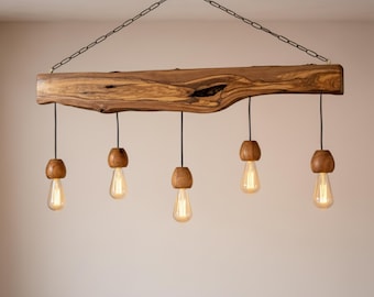 Olive Wood Rustic Light Fixture, Unique Ceiling Light For Dining Table and Kitchen, Farmhouse Wood Live Edge Chandelier