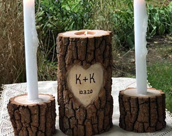 Oak unity set candles - Birch Unity set candles - Anniversary candle - Tree branch candles - Heart candle -  Wedding candles- Wood Candle