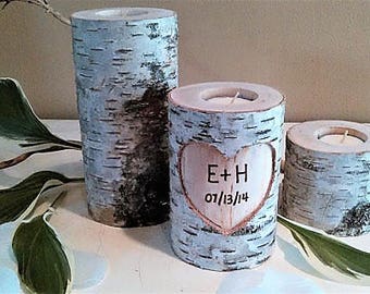 Birch tree candle set - Birch log candles - Wedding candles - Tree branch candle - Anniversary candle - Heart candle - Unity - Birch candle