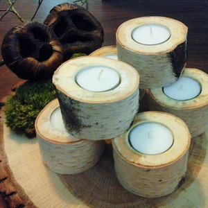25 Birch tree candles, birch log candleholders, white birch logs, holiday candles, rustic wedding candles