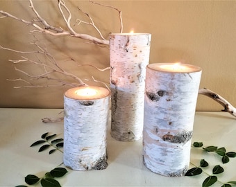 3 Tall Birch Candle holders, Birch tree candles, Birch logs, Wedding candles, Wedding centerpieces,  Holiday candles, White candles