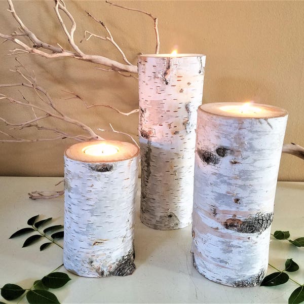 3 Tall Birch Candle holders, Birch tree candles, Birch logs, Wedding candles, Wedding centerpieces,  Holiday candles, White candles