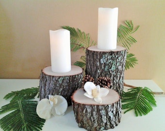 3 Rustic Tree stumps, Farmhouse decor, Holiday decor, Christmas decor, Centerpieces, Rustic wedding decor, Mantle decor, tree logs