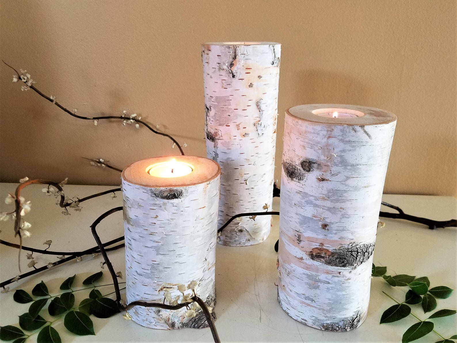 3 Tall Birch Candle holders Birch tree candles Birch logs | Etsy