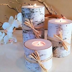 3 Birch tree branch Candle holders, White birch candles, Birch candle set Rustic weddings Holiday candles white candles image 1