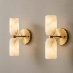Mid Century Modern Alabaster Brass Double Sconce – Luxury Bathroom Vanity Lamp