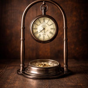 Può includere: Un set di orologio e bussola in stile vintage. L'orologio, con la scritta "Victoria London 1876", è sospeso all'interno di una cornice color bronzo. La bussola è posizionata sotto, il tutto su una superficie di legno scuro, creando un'estetica classica e antica.