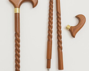 Handgefertigter Gehstock aus Holz: gewundener Schaft, geschwungener Griff, Halsband aus Messing – im klassischen Gentleman-Stil