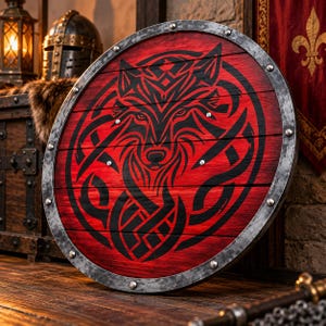 Puede incluir: Un escudo circular de madera con un acabado teñido en rojo y un gráfico de lobo negro estilizado en el centro. El escudo tiene un borde metálico desgastado asegurado con remaches plateados espaciados uniformemente por todo el borde.