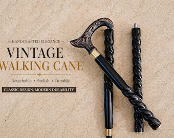 Vintage Twisted Wooden Walking Cane with Brass Lion Handle – Classic Gentleman's Mobility Aid