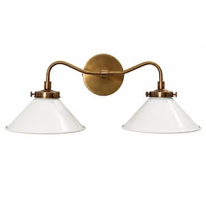 Antique Brass Double Sconce, White Cone Shade Vanity Light, Mid Century Farmhouse Lamp