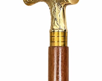 Bengala com cabo de latão maciço e haste de madeira, estilo vintage, para cavalheiros. Presente clássico.
