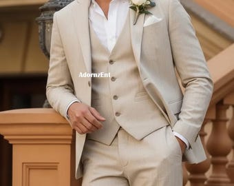 Traje de lino beige de 3 piezas - Traje formal europeo a medida