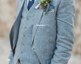 Trajes de lino para boda en la playa para padrinos de boda: traje entallado de 3 piezas para hombre.