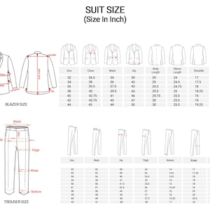 May include: Suit size chart in inches, detailing blazer and trouser measurements. Includes chest, waist, hip, body length, sleeve length, shoulder, cuff opening, thigh, bottom, knee, and high measurements. Diagrams illustrate blazer and trouser measurement points.
