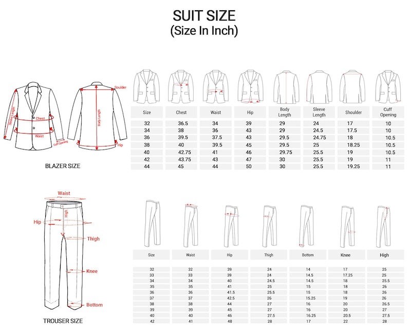 May include: Suit size chart in inches, detailing blazer and trouser measurements. Includes chest, waist, hip, body length, sleeve length, shoulder, cuff opening, thigh, bottom, knee, and high measurements. Diagrams illustrate blazer and trouser measurement points.