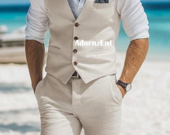 Trajes de lino para boda en la playa para padrinos de boda: Traje de dos piezas ajustado para hombre