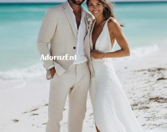 Trajes de lino para boda en la playa para hombre: traje de boda de dos piezas de corte entallado para hombre