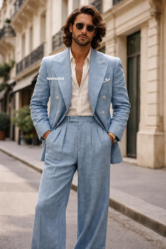 Blue Linen Suit Men, Summer Wedding Groom Outfit, Double Breasted Suit, European Style