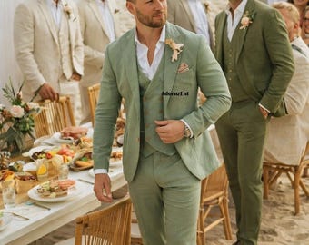 Traje de tres piezas de lino verde: traje de boda con bolsillo de parche para hombre