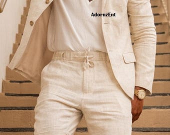 Traje de lino de dos piezas para hombre: boda en la playa, atuendo de verano, corte a medida