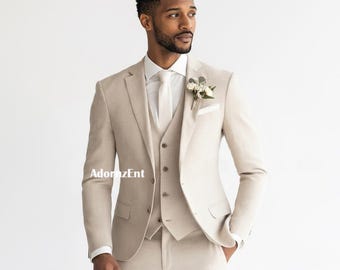 Traje de lino de 3 piezas para hombre - Trajes de lino para bodas en la playa para hombre