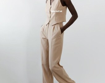 Traje de lino beige hecho a mano con chaleco y pantalón palazzo