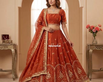 Lehenga Choli de color óxido indio / Trajes tradicionales de boda para niñas / Top corto a medida