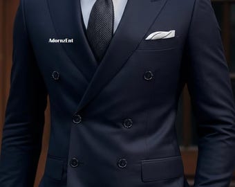 Traje azul oscuro cruzado para hombre, corte entallado, solapa de pico, traje de novio de dos piezas.