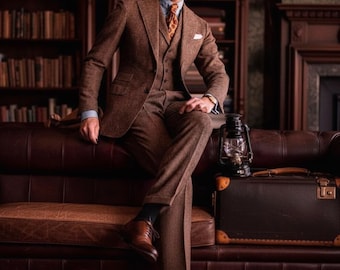 Brown Tweed Wool Suit For Men Three Piece Groom/Groomsmen Attire