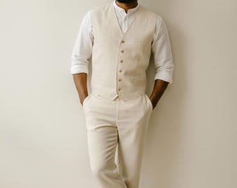 Rustic Linen Wedding Suit For Men's Boho Waistcoat & Pants
