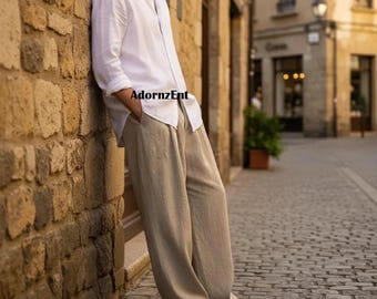 Pantalones anchos de lino y algodón para hombre: pantalones playeros de verano