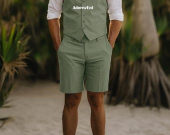 Trajes de lino para boda en la playa para padrinos de boda: Traje de dos piezas ajustado para hombre