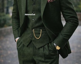 Traje verde de tres piezas para hombre: traje formal clásico de lana