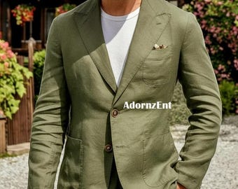 Traje vintage de lino verde oliva para hombre: 2 piezas, botonadura sencilla