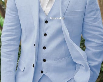 Trajes de lino para boda en la playa para padrinos de boda: traje entallado de 3 piezas para hombre.