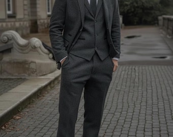 Tweed Wool Suit For Men Three Piece Groom/Groomsmen Attire