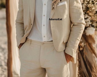 Traje de boda playero de lino para hombre: conjunto de 2 piezas a medida