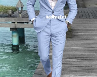 Trajes de lino para boda en la playa para hombre: traje de boda de dos piezas de corte entallado para hombre