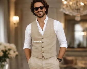 Conjunto de chaleco y pantalón de lino beige para hombre: pantalones ajustados de verano.