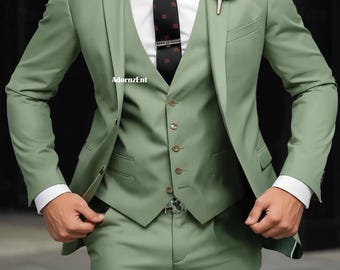 Traje de boda de tres piezas para hombre en color verde salvia - Traje de novio y padrino de boda de corte entallado