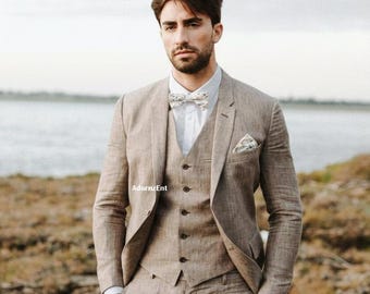 Traje de tres piezas de lino beige para hombre para bodas y eventos de verano
