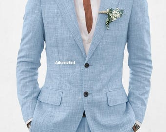 Trajes de lino para boda en la playa para padrinos de boda: Traje de dos piezas ajustado para hombre