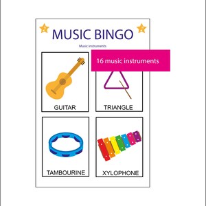 Puede incluir: Una tarjeta del juego Music Bingo con ilustraciones de una guitarra, un tri&aacute;ngulo, una pandereta y un xil&oacute;fono. La tarjeta incluye el texto "MUSIC BINGO" y "16 instrumentos musicales".