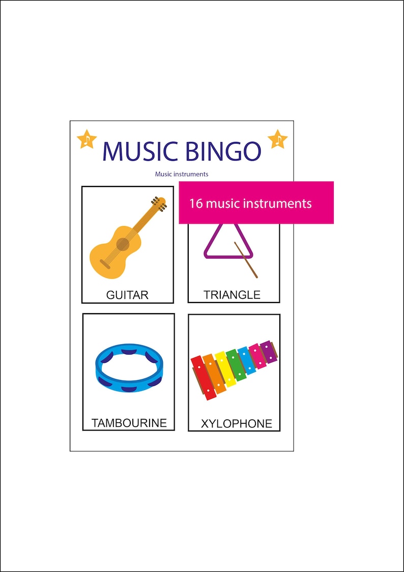 Puede incluir: Una tarjeta del juego Music Bingo con ilustraciones de una guitarra, un tri&aacute;ngulo, una pandereta y un xil&oacute;fono. La tarjeta incluye el texto "MUSIC BINGO" y "16 instrumentos musicales".