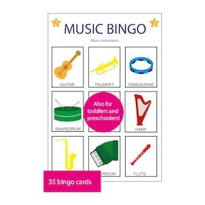 Puede incluir: Una tarjeta blanca con el texto "MUSIC BINGO" e ilustraciones de instrumentos musicales. La tarjeta incluye una guitarra, una trompeta, una pandereta, una caja, un arpa, un saxof&oacute;n, un acorde&oacute;n y una flauta. El texto de la tarjeta dice "&iexcl;Tambi&eacute;n para ni&ntilde;os peque&ntilde;os y preescolares!" y "35 tarjetas de bingo."