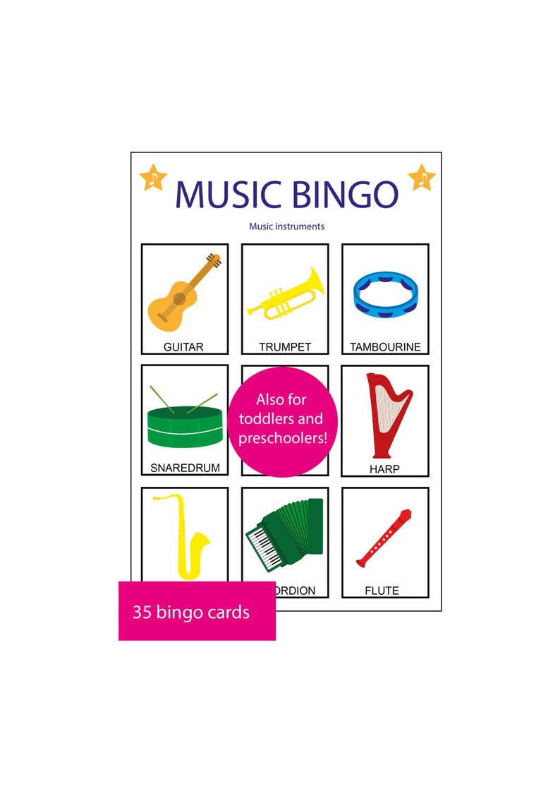 Puede incluir: Una tarjeta blanca con el texto "MUSIC BINGO" e ilustraciones de instrumentos musicales. La tarjeta incluye una guitarra, una trompeta, una pandereta, una caja, un arpa, un saxof&oacute;n, un acorde&oacute;n y una flauta. El texto de la tarjeta dice "&iexcl;Tambi&eacute;n para ni&ntilde;os peque&ntilde;os y preescolares!" y "35 tarjetas de bingo."