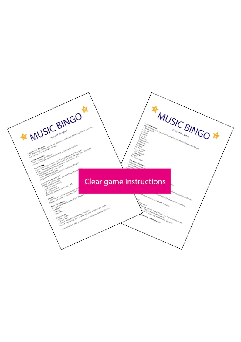 Puede incluir: Dos hojas de papel blancas con el t&iacute;tulo "MUSIC BINGO" y las reglas del juego. Las hojas est&aacute;n en &aacute;ngulo y tienen acentos de estrella. Una pancarta rosa en las hojas dice "Clear game instructions."