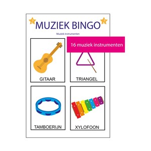 May include: A white card featuring a "MUZIEK BINGO" game with illustrations of musical instruments. The game includes a guitar, triangle, tambourine, and xylophone. The text "16 muziek instrumenten" is also present.